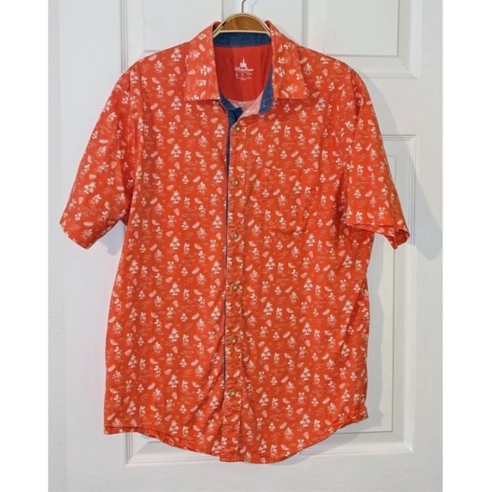Disney Parks Mickey Mouse Tropical Button Up Shirt‎ Orange Medium